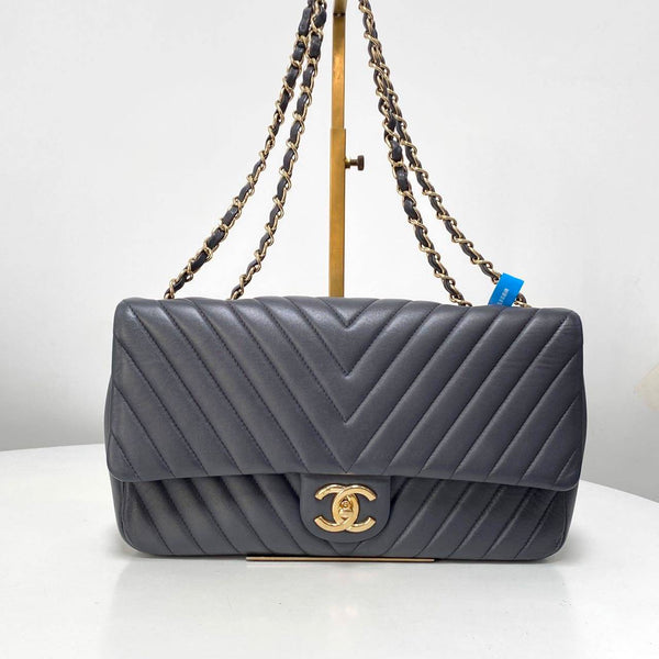 Chanel/CC Chevron Quilted Jumbo Flap Dark Grey