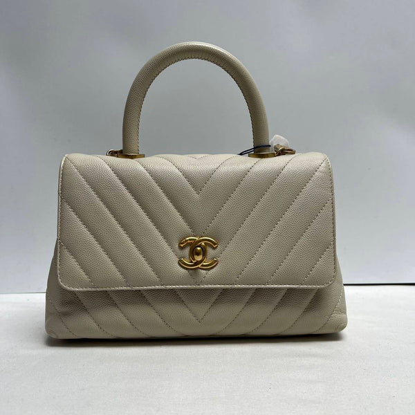 Chanel Coco Handle Flap Chevron Quilted Ivory Small