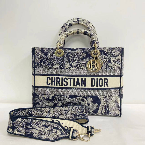 【TikTok Livestream】Dior/CD LadyDior Large D Lite Canvas Blue/White Shoulder Bag