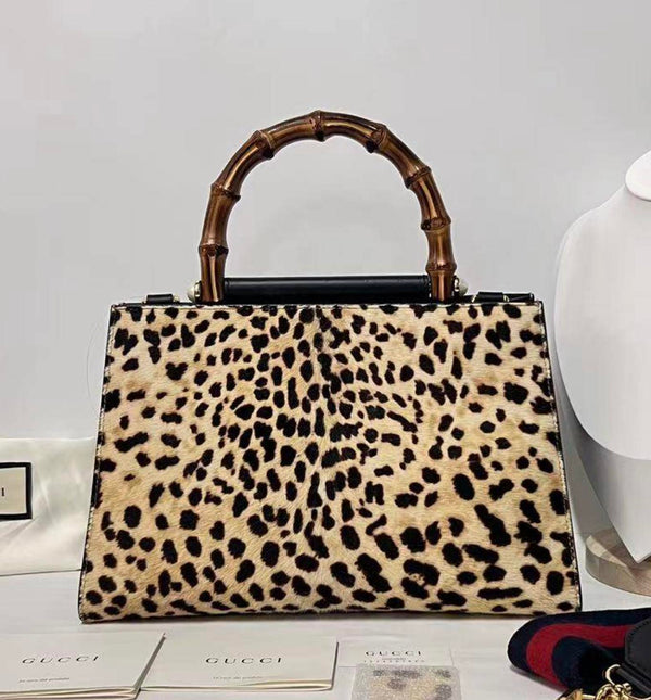 【TikTok Livestream】Gucci/GG Nymphaea Bamboo Leopard Print Top Handle Black/Brown