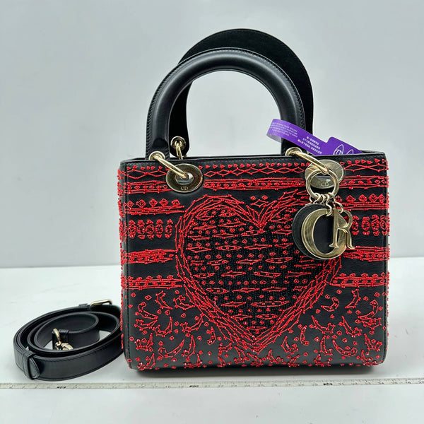 【TikTok Livestream】Dior/CD LadyDior Medium Embroidered Heart Clover Black/Red Limited Edition Shoulder Bag