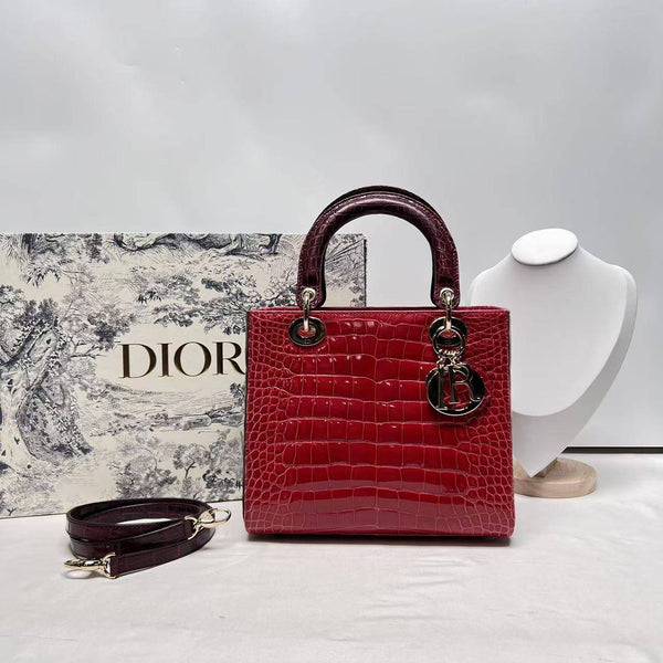 【TikTok Livestream】Dior/CD LadyDior Medium Red Croc Limited Edition Shoulder Bag