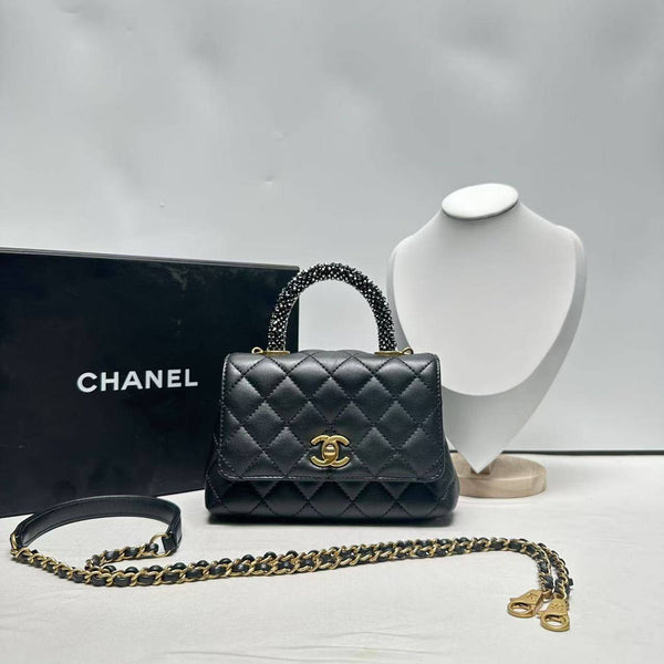 Chanel/CC Coco Top Handle Mini Strass Quilted Extra Flap Grey CPU0217