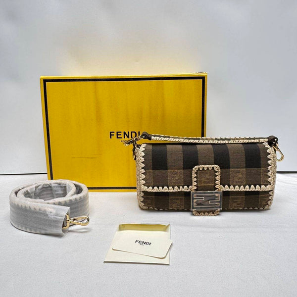 【TikTok Livestream】Fendi Baguette Medium Raffia Straw Pequin Gingham Woven Brown SJP0124